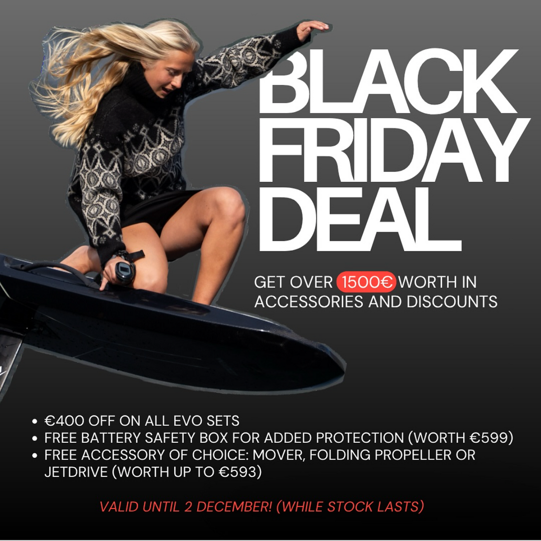 girl on the left on an efoil making a turn and on the right text of a black friday offer from waydoo